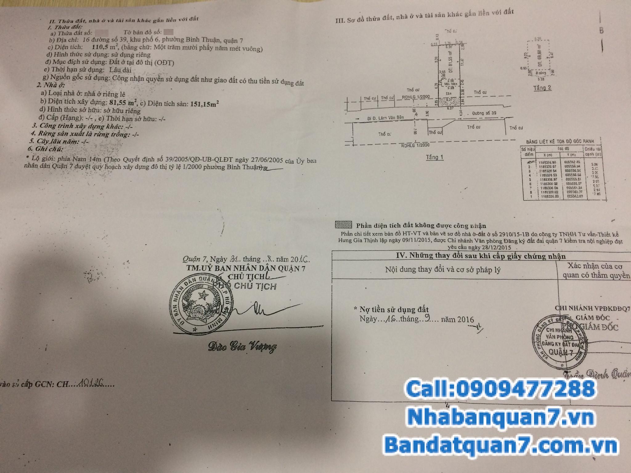 Bán nhà đường số 39 phường Bình Thuận, diện tích 110.5m2, giá 6.6 tỷ, LH 0909477288